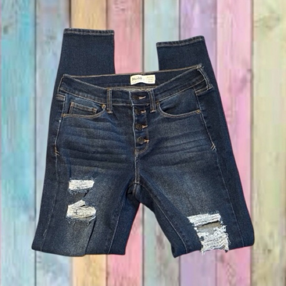 Mudd Mid-rise Dark Blue Vintage Distressed Flx Stretch Skinny Jeans